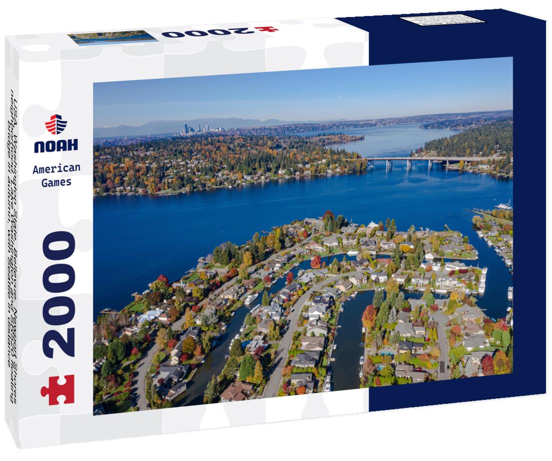 Noah Jigsaw Puzzle USA, Washington State, Bellevue. Newport Shores neighborhood, Lake Washington and SR520 floating bridge in autumn, with Seattle in distance 2000 pieces