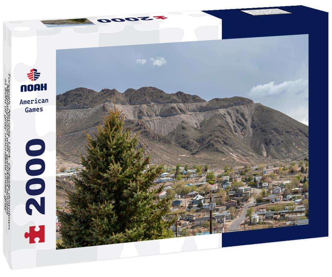 Noah Jigsaw Puzzle Tonopah, Nevada, USA: Outside downtown. Neighborhood with sprinkled houses in front of gray mountains under gray cloudscape. Green foliage 2000 pieces