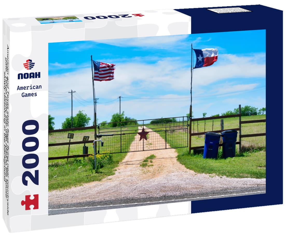 Noah Jigsaw Puzzle American and Texas state flags flying near countryside gate, Texas rustic star with road to the house slowly dissolving in the background 2000 pieces