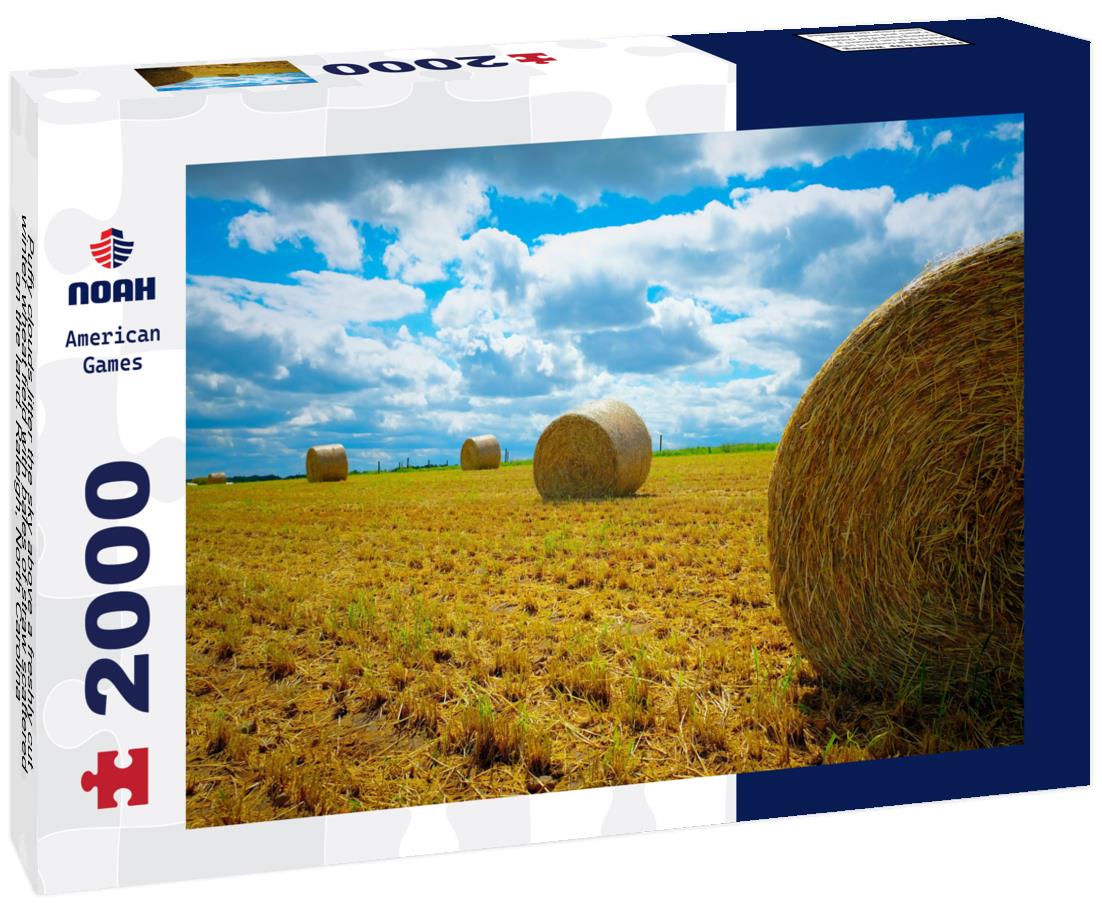 Noah Jigsaw Puzzle Puffy clouds litter the sky above a freshly cut winter wheat field with bales of straw scattered on the land. Raleigh, North Carolina 2000 pieces