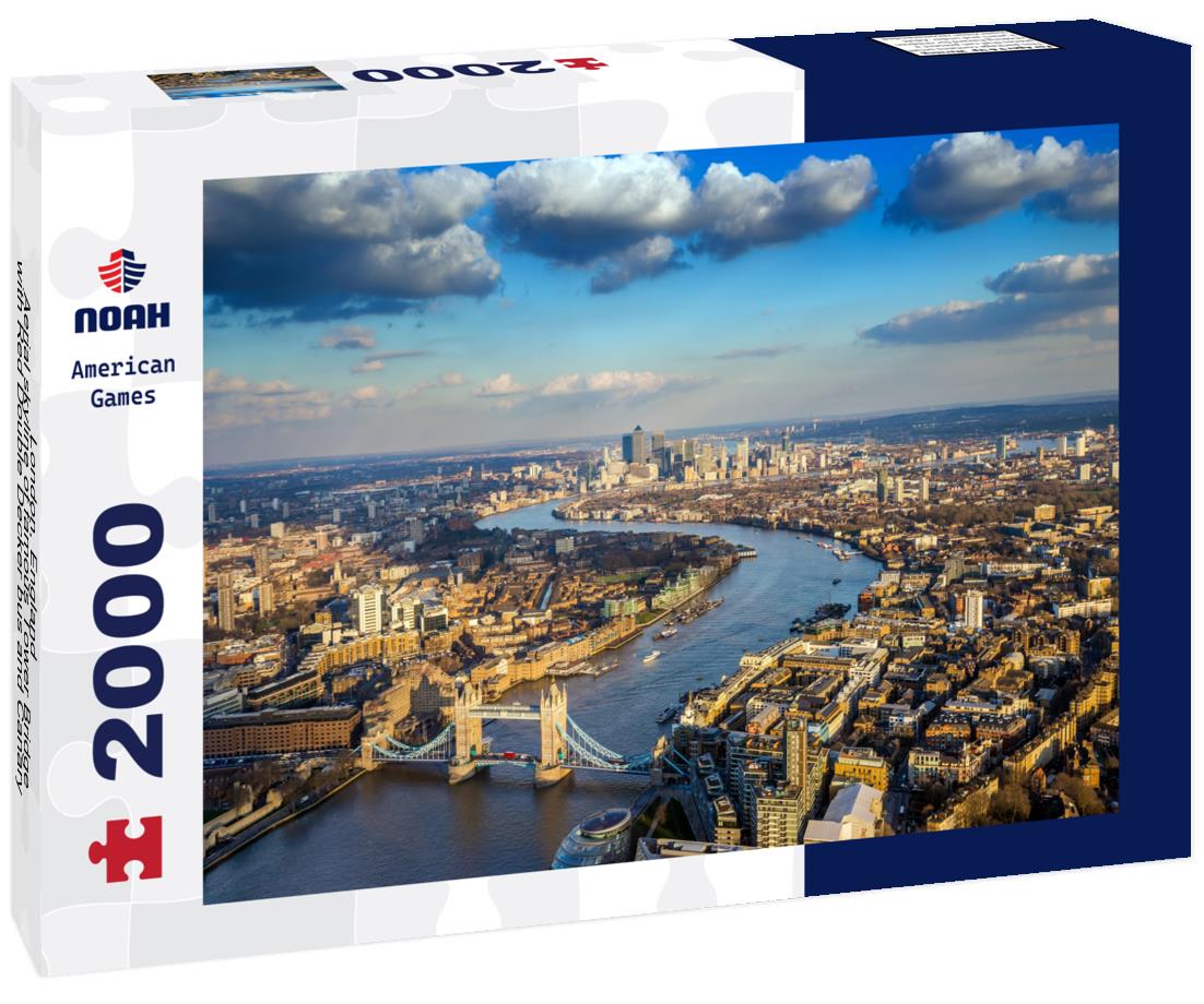 Noah Jigsaw Puzzle London, England - Aerial skyline of famous Tower Bridge with Red Double Decker bus and Canary Wharf skyscrapers at the background 2000 pieces