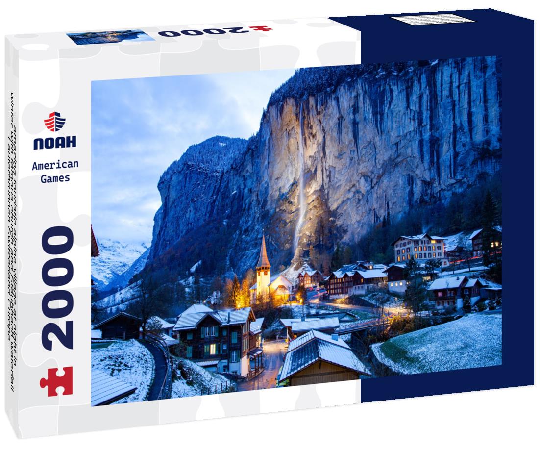 amazing touristic alpine village at night in winter with famous church and Staubbach waterfall Lauterbrunnen Switzerland Europe 2000pc Puzzle
