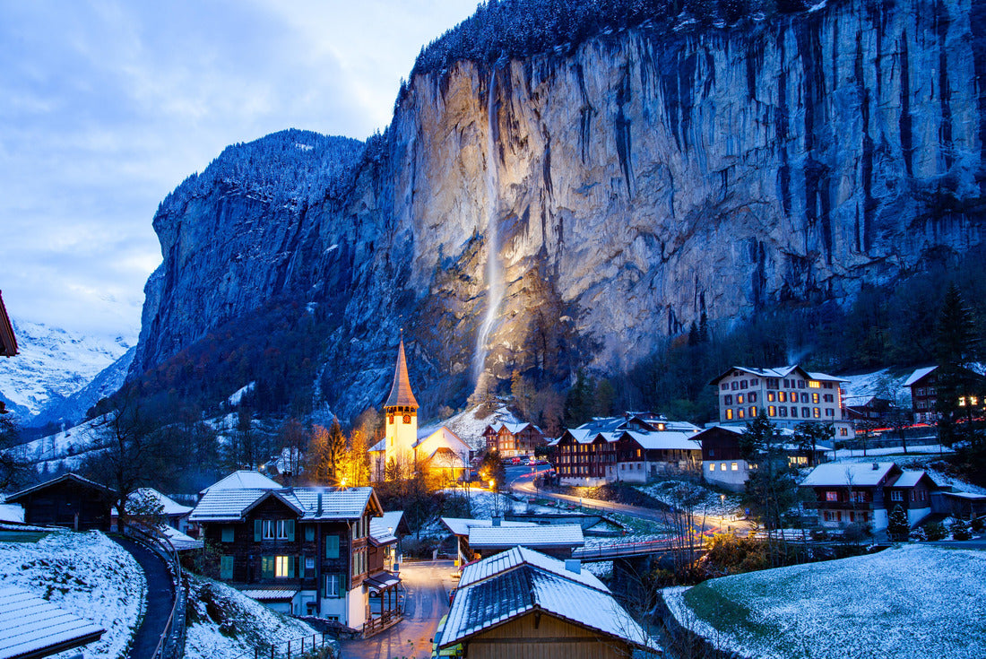 amazing touristic alpine village at night in winter with famous church and Staubbach waterfall Lauterbrunnen Switzerland Europe 2000pc Puzzle