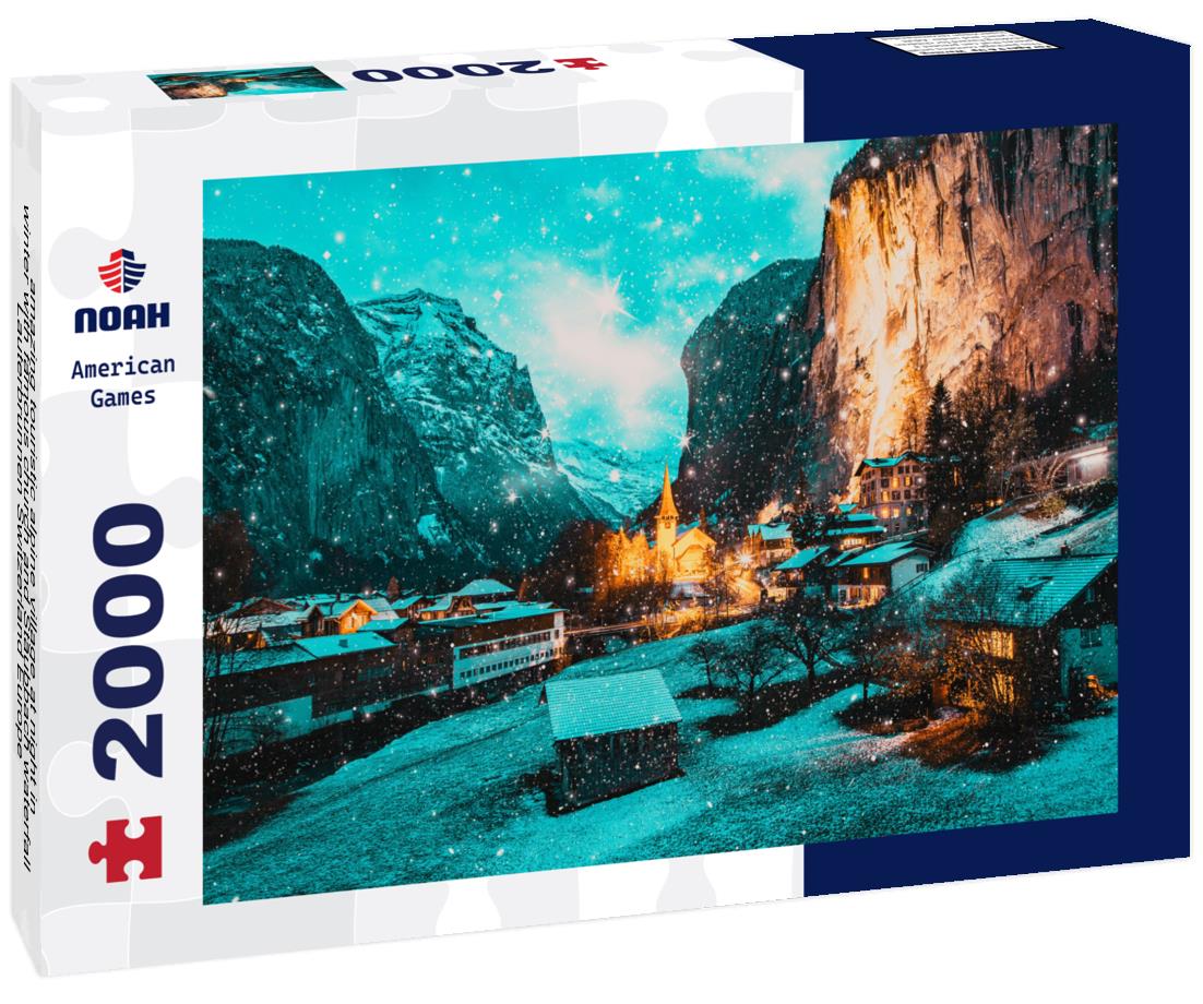 Noah Jigsaw Puzzle amazing touristic alpine village at night in winter with famous church and Staubbach waterfall Lauterbrunnen Switzerland Europe 2000 pieces