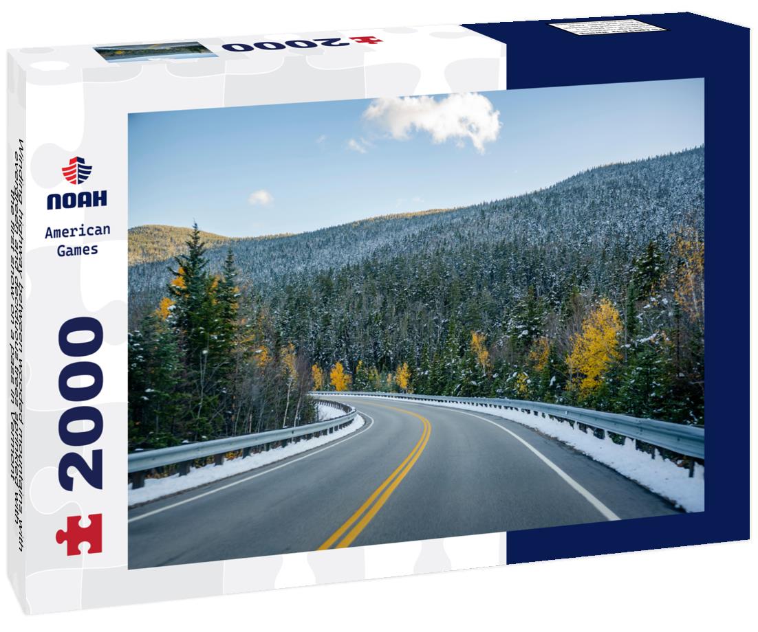 Noah Jigsaw Puzzle Winding highway between wooded mountains with evergreen and deciduous trees sprinkled with the first snow on a pass in Vermont 2000 pieces