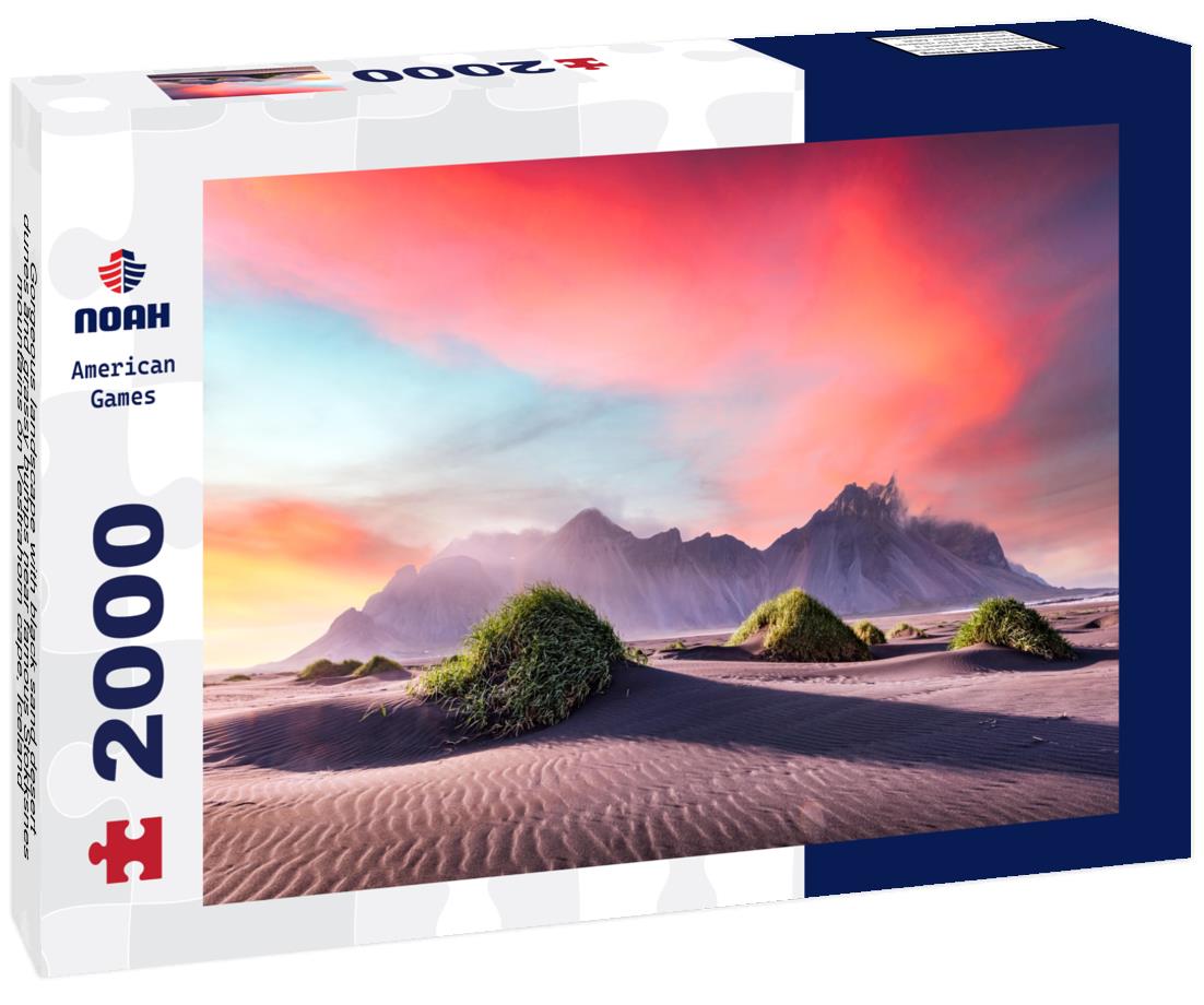 Noah Jigsaw Puzzle Gorgeous landscape with black sand desert dunes and grassy bumps near famous Stokksnes mountains on Vestrahorn cape, Iceland 2000 pieces