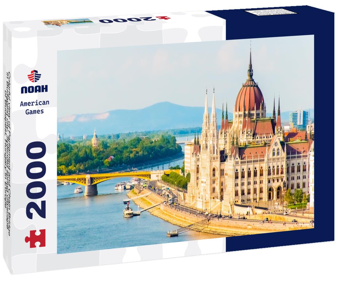 Noah Jigsaw Puzzle Colorful view of Parliament and Chain Bridge in Budapest city, Splendid spring cityscape of Budapest, Hungary in Europe 2000 pieces