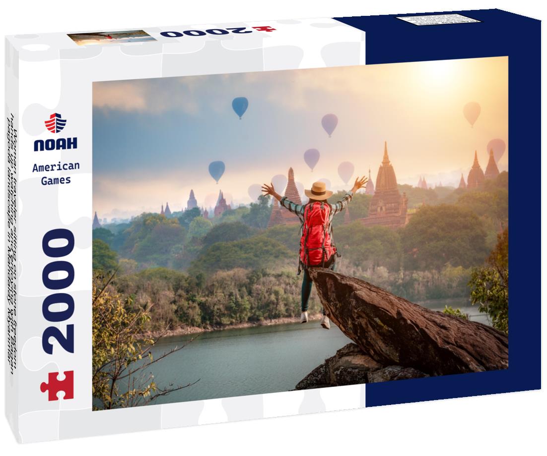 Noah Jigsaw Puzzle Woman traveler sitting on stone freedom hands up watching and enjoying with Bagan pagoda landscape in Mandalay Myanmar 2000 pieces