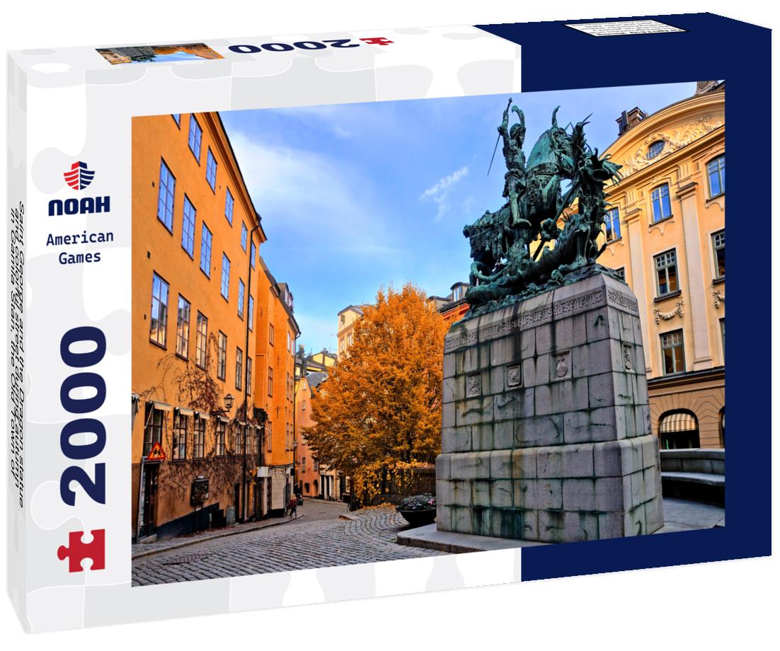 Saint George and the Dragon statue and colorful street during autumn in Gamla Stan, the Old Town of Stockholm, Sweden 2000pc Puzzle