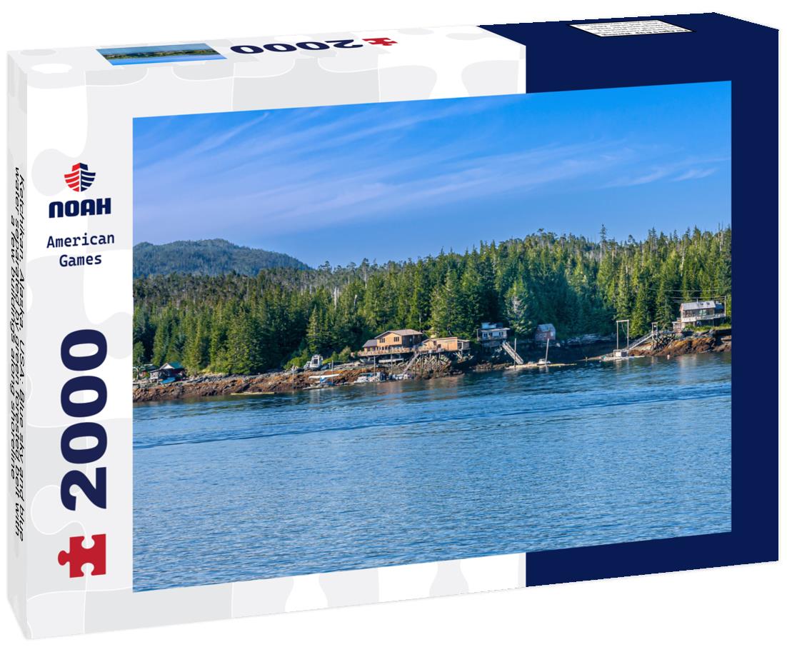 Ketchikan, Alaska, USA: Blue sky and blue water separated by green forested belt with a few buildings along shoreline 2000pc Puzzle