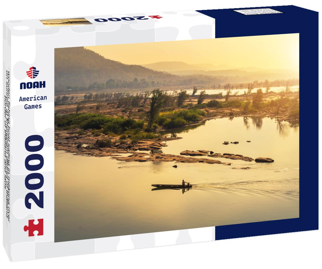 wooden fishing boat sailing in mekong river on sunrise at khongjiam district of thailand border of thailand and laos 2000pc Puzzle