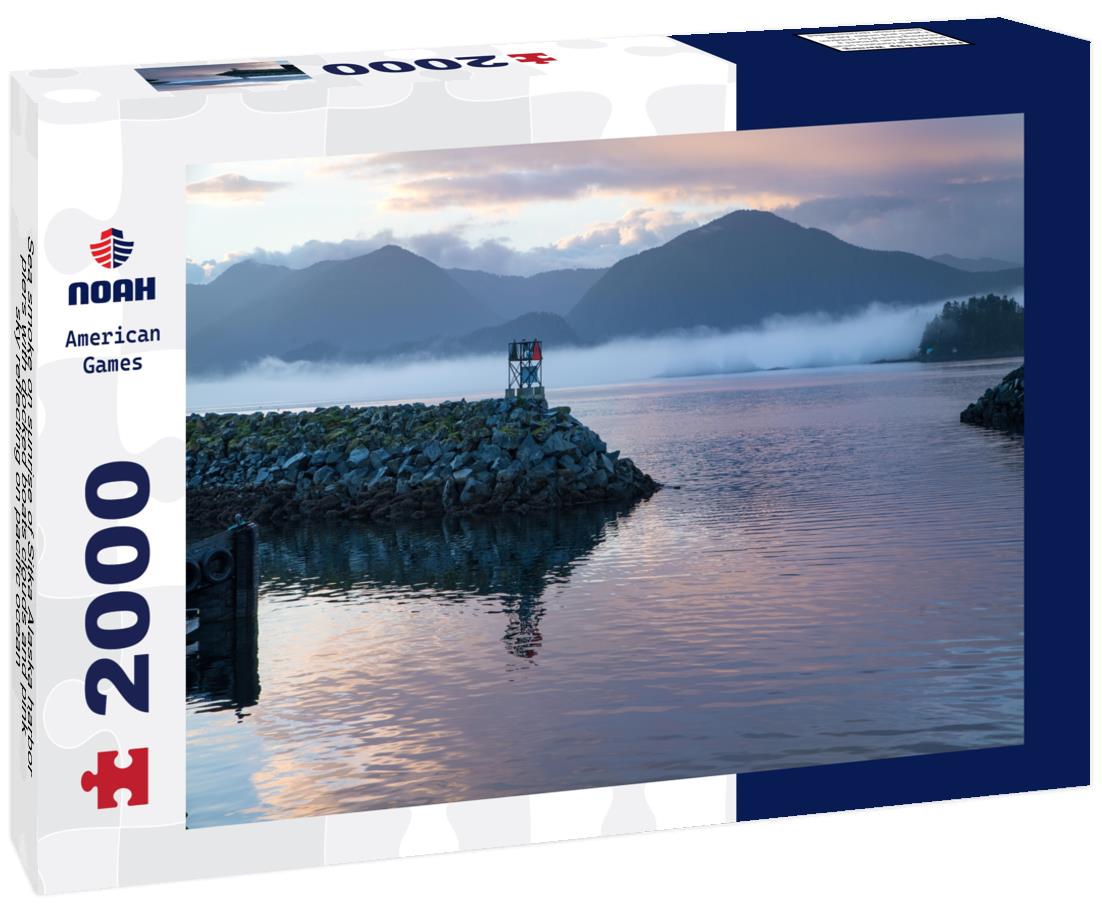 Sea smoke on sunrise of Sitka Alaska harbor, piers with docked boats clouds and pink sky reflecting on pacific ocean 2000pc Puzzle