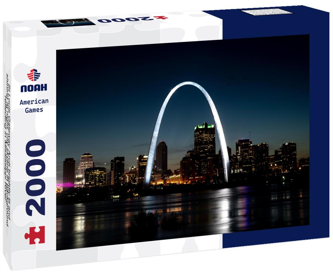 St Louis Gateway Arch brightly lit and shining at night, city skyline in background, reflecting in Mississippi River 2000pc Puzzle