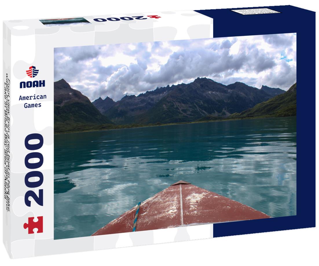 Noah Jigsaw Puzzle Front view from a red boat in blue lake water towards a mountain view in Mirror Lake in Bristol Bay area of Alaska 2000 pieces