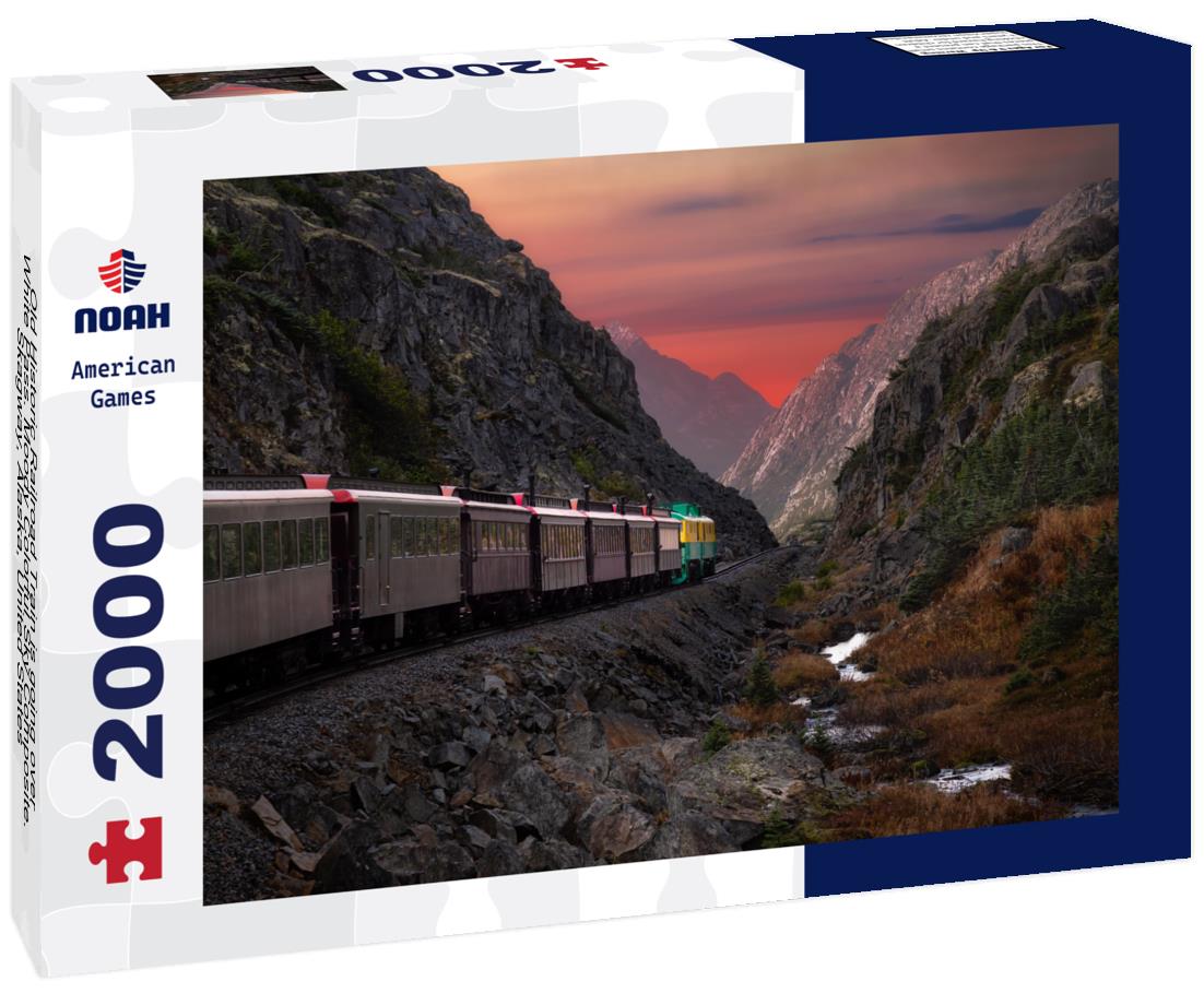 Noah Jigsaw Puzzle Old Historic Railroad Train is going over White Pass. Moody Colorful Sky Composite. Skagway, Alaska, United States 2000 pieces
