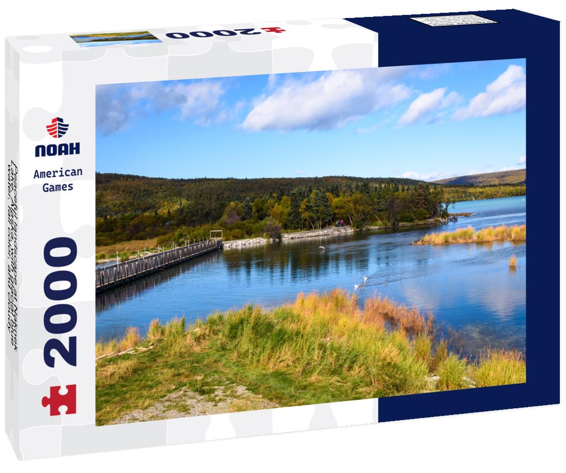 Noah Jigsaw Puzzle Peaceful landscape at Naknek Lake, Alaska, with glacial blue water, fall color, and cloudy white and blue sky 2000 pieces