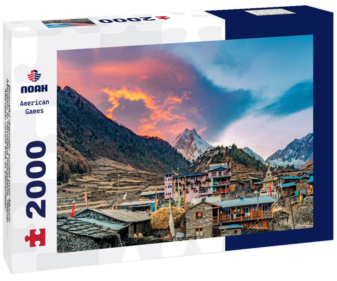 Noah Jigsaw Puzzle Beautiful dramatic sunset over Mount Manaslu in Himalaya mountains, Nepal. Manaslu circuit trek in December. 2000 pieces