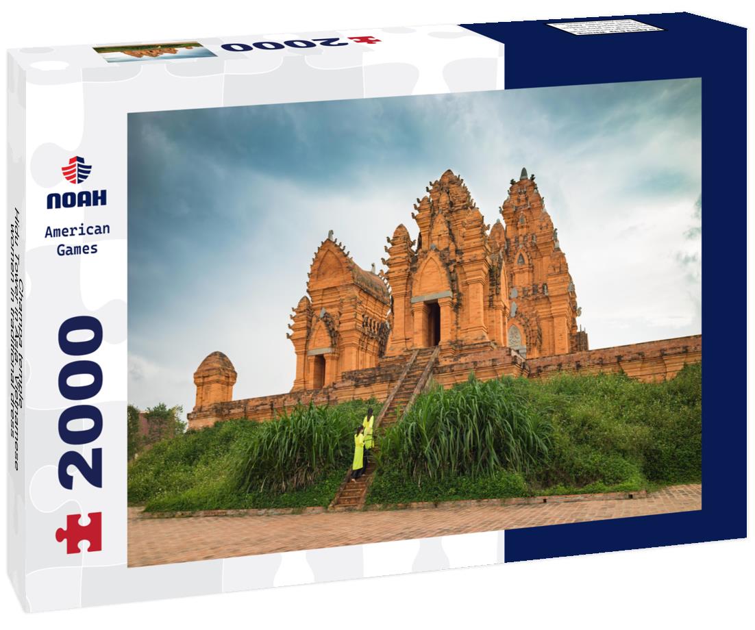 Noah Jigsaw Puzzle Champa temple - Hidu Tower in Asia. Vietnamese women in traditional dress Ao Dai walking towards the temple 2000 pieces