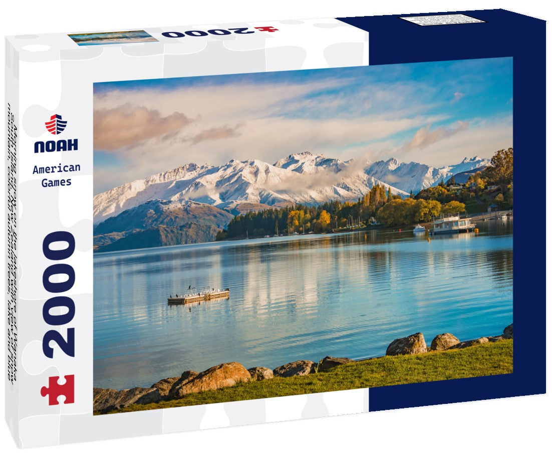 Noah Jigsaw Puzzle Morning snow on the lakeshore of Wanaka, South Island, New Zealand with view of snow mountain, colorful autumn trees, lake and blue sky 2000 Pieces