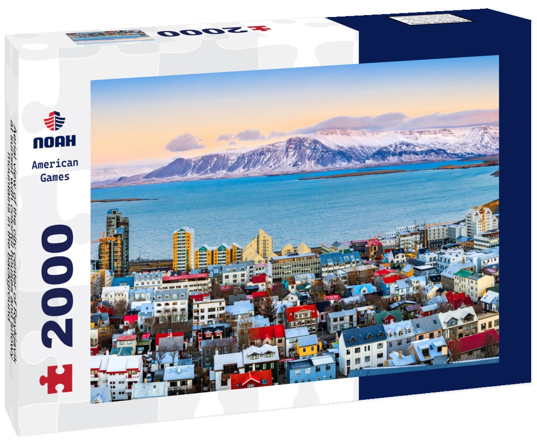 Noah Jigsaw Puzzle Aerial view of the city center of Reykjavik at sunset with colorful houses and snowy mountains in the background 2000 Pieces