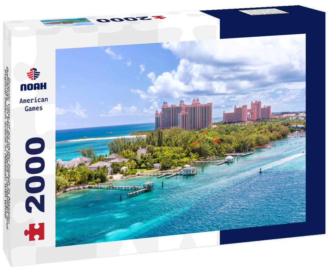 Noah Jigsaw Puzzle Scenic view of an idyllic beach in Nassau, Bahamas, on Paradise Island. Caribbean and tropical beach scene in Nassau with white sandy coast and deep blue sea, Bahamas 2000 Pieces