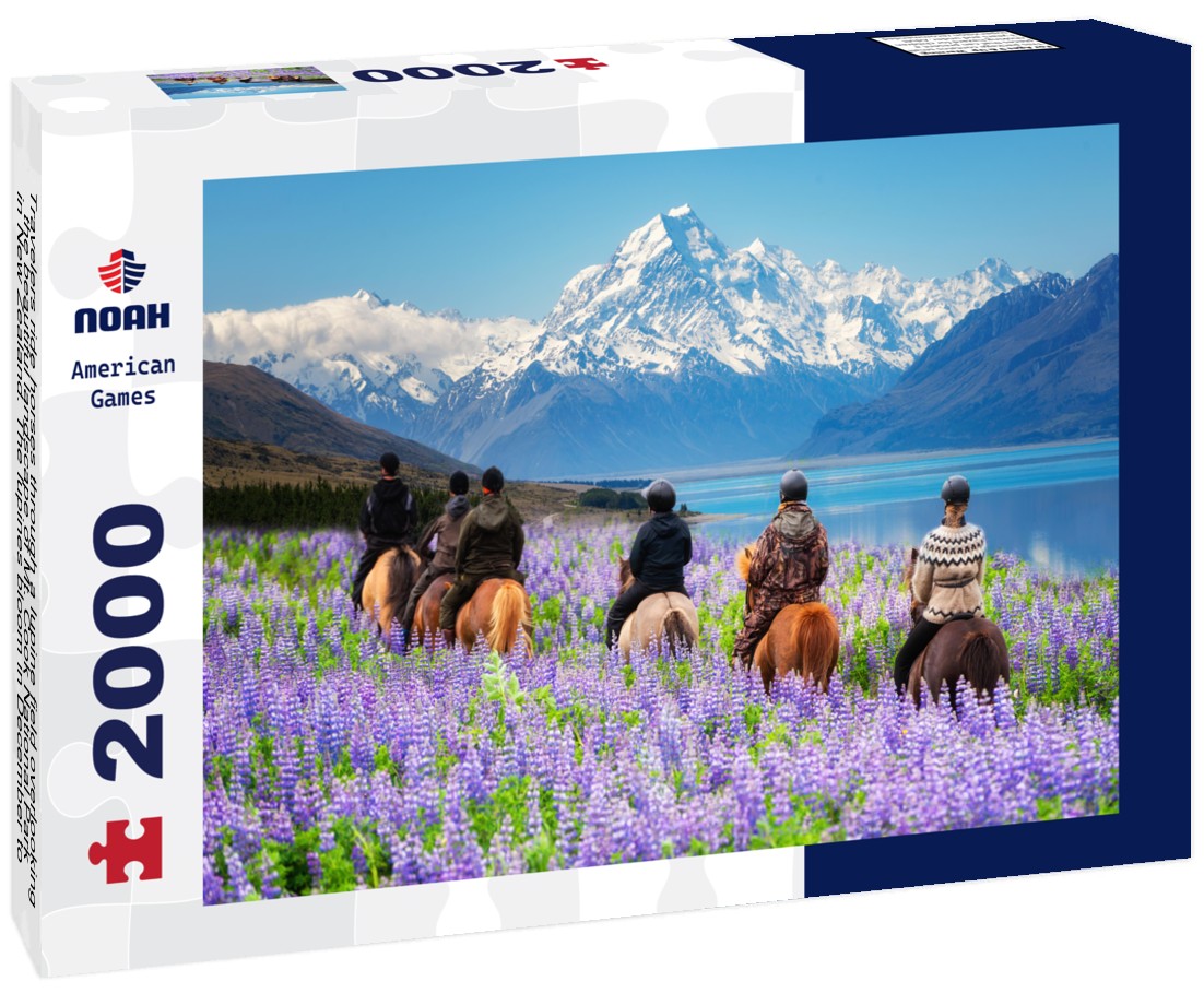 Noah Jigsaw Puzzle Travelers ride horses through a lupine field overlooking the beautiful landscape of Mt. Cook National Park in New Zealand. The lupines bloom in December to January, New Zealand's summer. 2000 Pieces
