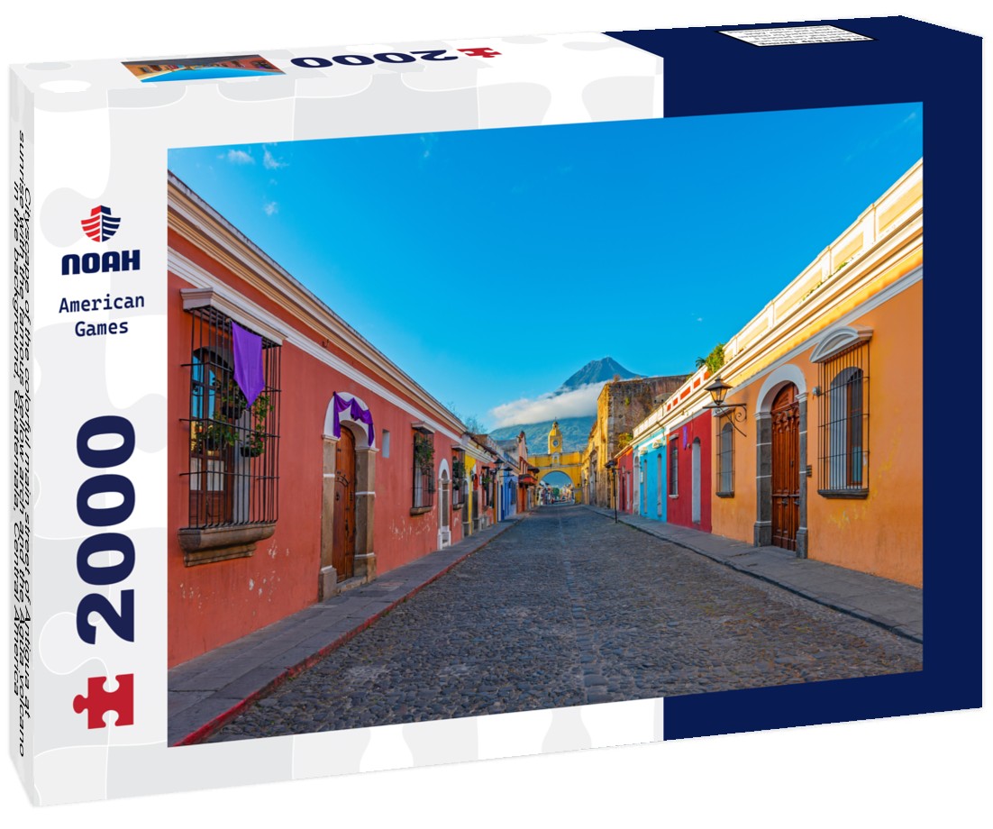Noah Jigsaw Puzzle Cityscape of the colorful main street of Antigua at sunrise with the famous yellow arch and the Agua volcano in the background, Guatemala, Central America 2000 Pieces