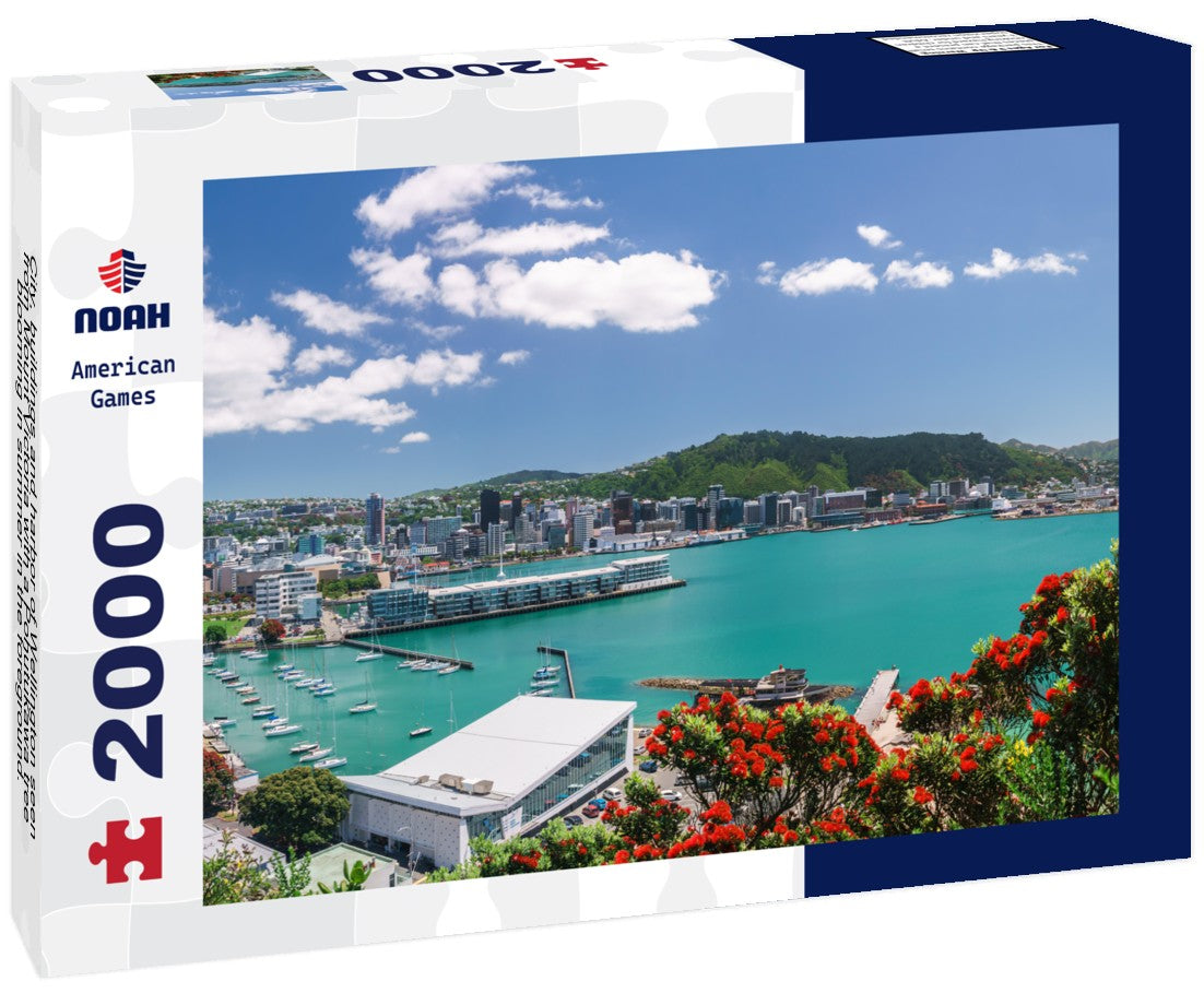 Noah Jigsaw Puzzle City, buildings and harbor of Wellington seen from Mount Victoria with a Pohutukawa tree blooming in summer in the foreground. Wellington is the capital of New Zealand 2000 Pieces