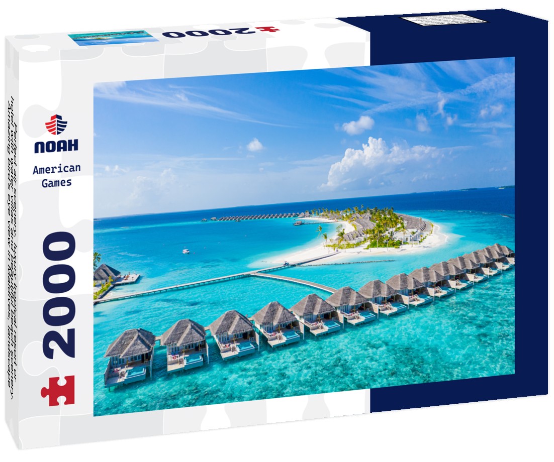 Noah Jigsaw Puzzle Perfect air scenery, luxury tropical resort or hotel with water villas and beautiful beach scenery. Amazing bird's eye view in Maldives, landscape seascape aerial view over a Maldives 2000 Pieces
