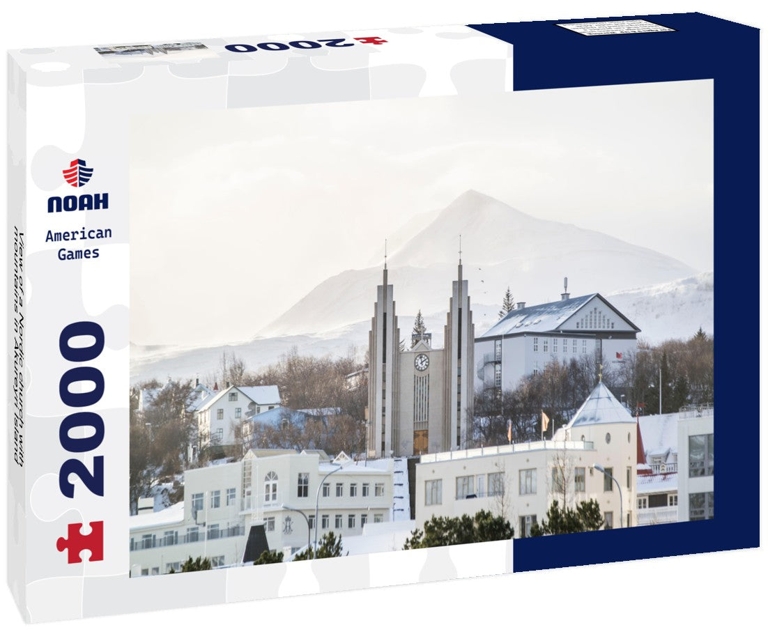 Noah Jigsaw Puzzle View of a Nordic church with mountains in Akureyri Island 2000 Pieces