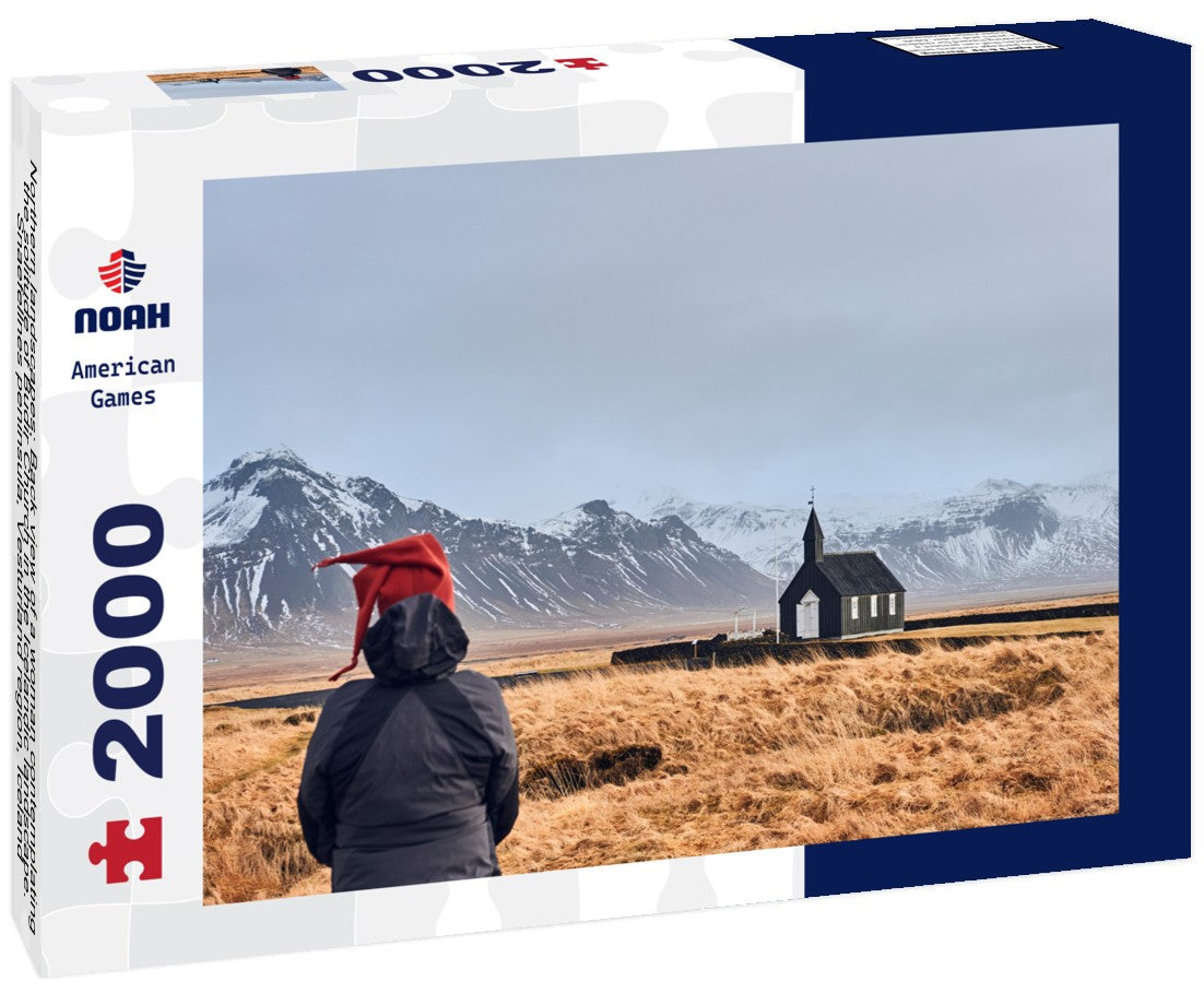 Noah Jigsaw Puzzle Northern landscapes: Back view of a woman contemplating the solitude of Budir Church in the Icelandic landscape. Snaefellnes peninsula, Vesturland region, Iceland 2000 Pieces