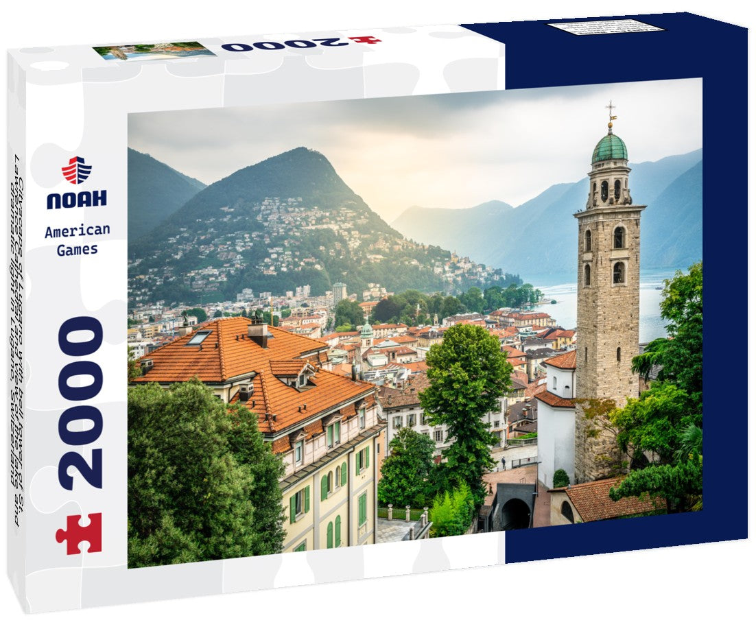 Noah Jigsaw Puzzle Cityscape of Lugano with bell tower of St. Lawrence Cathedral and view of the lake and dramatic light in Lugano, Switzerland 2000 Pieces