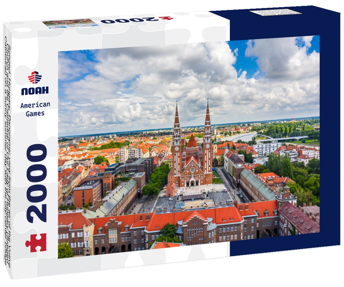 Szeged, Hungary - from the air of the Votive Church and the Cathedral of Our Lady of Hungary (Szeged Cathedral) on a sunny summer day with the city center bridge (Belvarosi hid) and blue sky and clouds 2000pc Puzzle