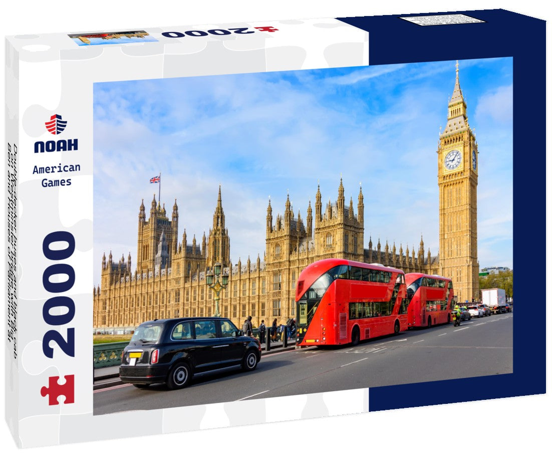 Noah Jigsaw Puzzle Double-decker buses and black cab on Westminster bridge with Big Ben and Houses of Parliament at background, London, UK 2000 pieces