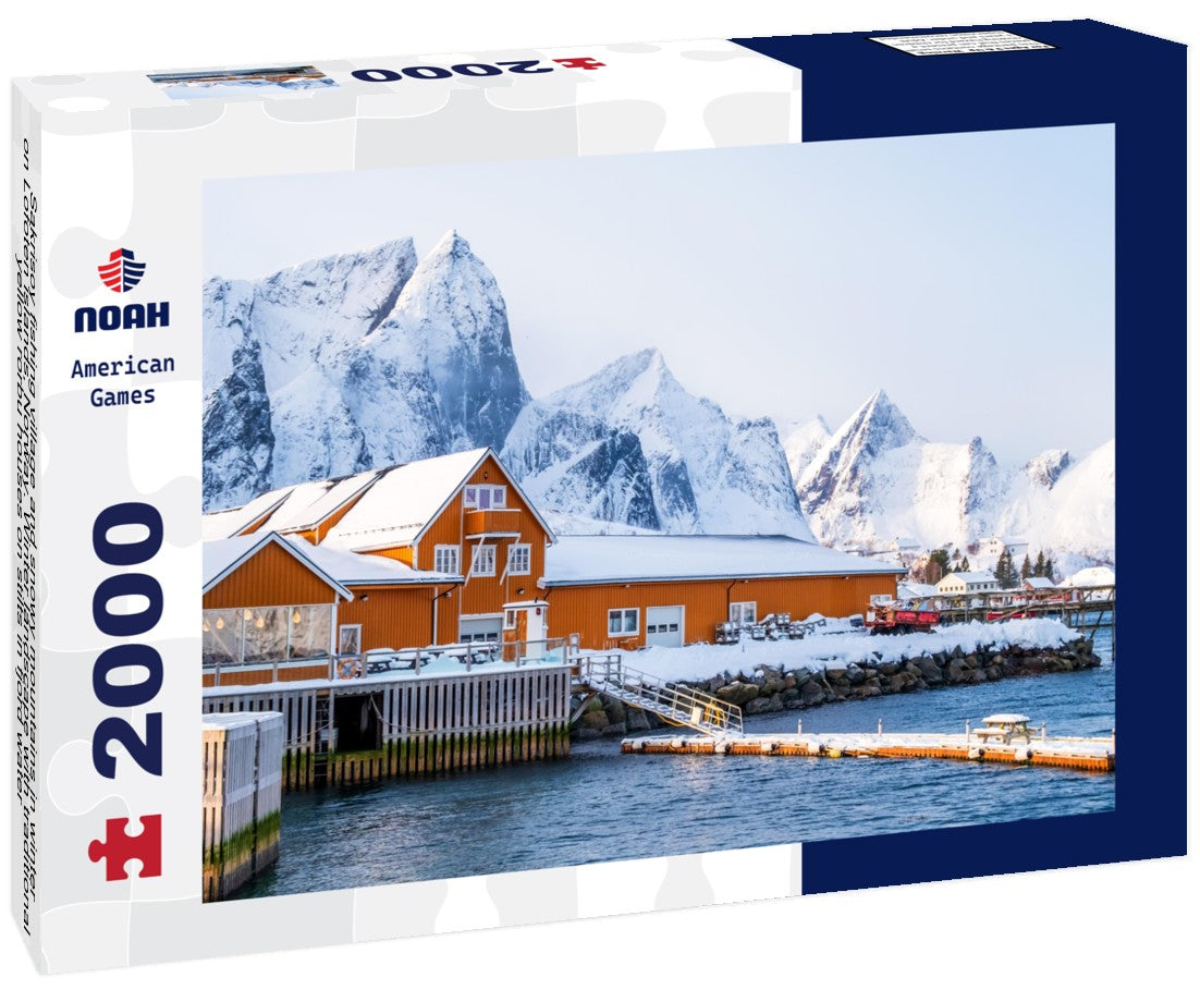 Noah Jigsaw Puzzle Sakrisoy fishing village and snowy mountains in winter on Lofoten islands, Norway. Winter landscape with traditional yellow rorbu houses on stilts in fjord water 2000 pieces