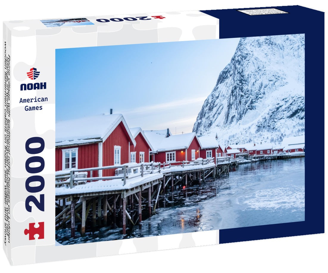 Noah Jigsaw Puzzle Reine village with traditional rorbu houses on Lofoten islands in winter. Scandinavian landscape with red wooden fishermen cabins on frozen sea water and snowy Reinebringen mountain, northern Norway 2000 pieces