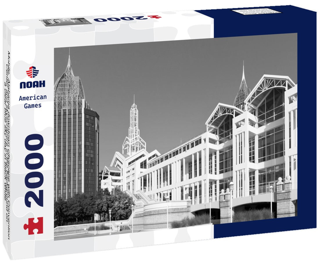 Noah Jigsaw Puzzle Mobile, Alabama downtown cityscape with Convention Center and skyscrapers in the background on a clear blue sky day in black white 2000 pieces