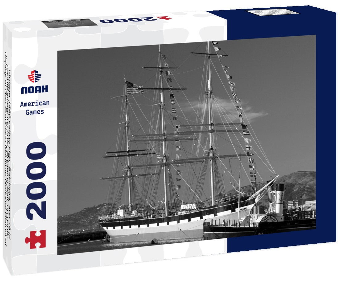 Noah Jigsaw Puzzle Vintage 1886 sailing ship, Balclutha, and 1914 paddle wheel tug boat, Eppleton Hall, on public display at San Francisco Maritime National Historical Park, California in black white 2000 pieces