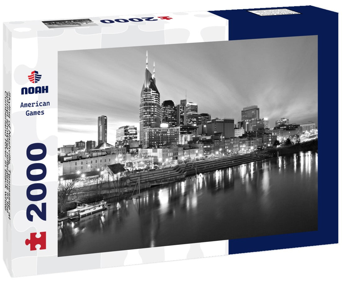 Noah Jigsaw Puzzle Skyline of Nashville, Tennessee at sunset showing reflections in the Cumberland River in black white 2000 pieces