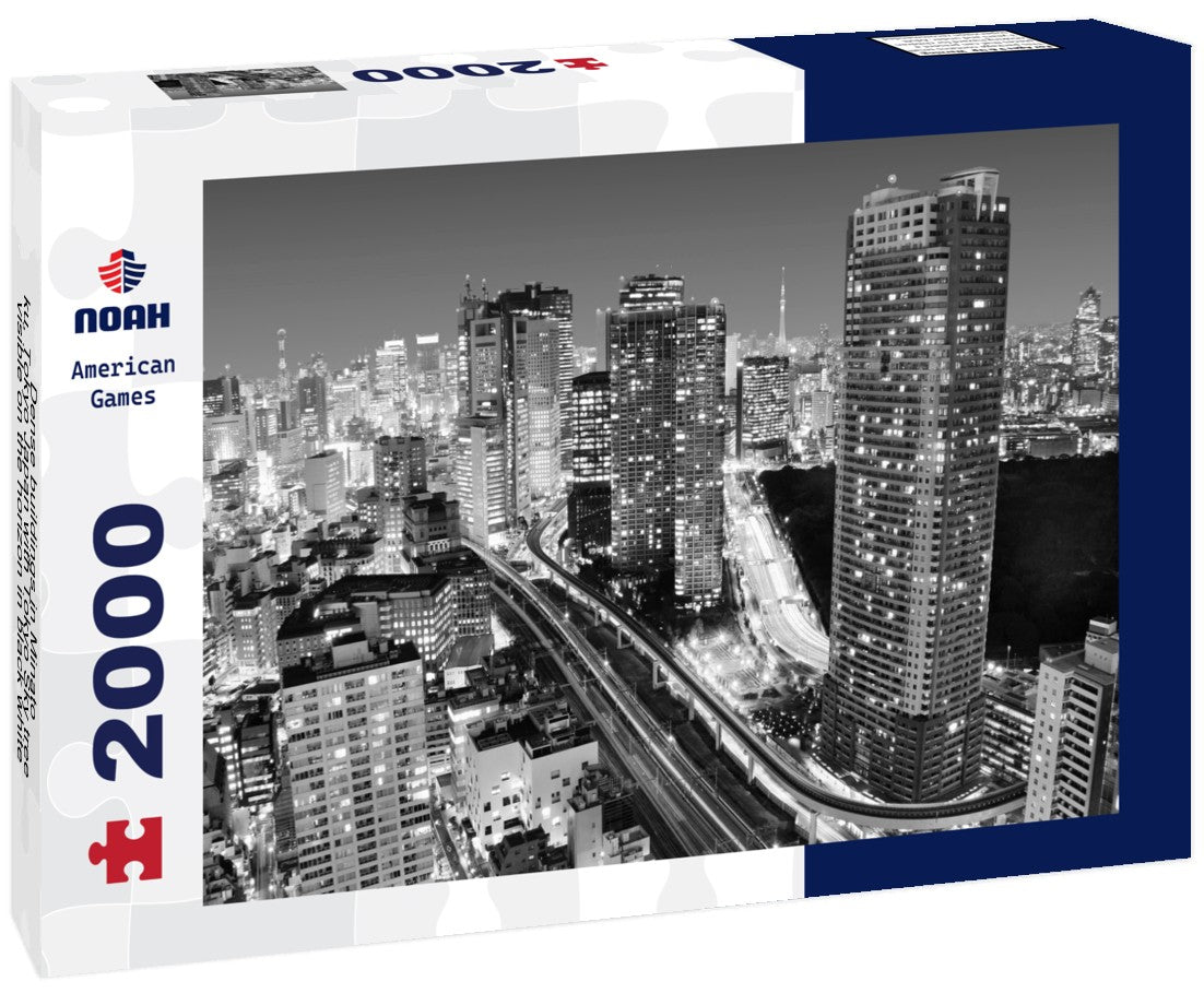 Noah Jigsaw Puzzle Dense buildings in Minato-ku, Tokyo Japan with Tokyo Sky tree visible on the horizon in black white 2000 pieces