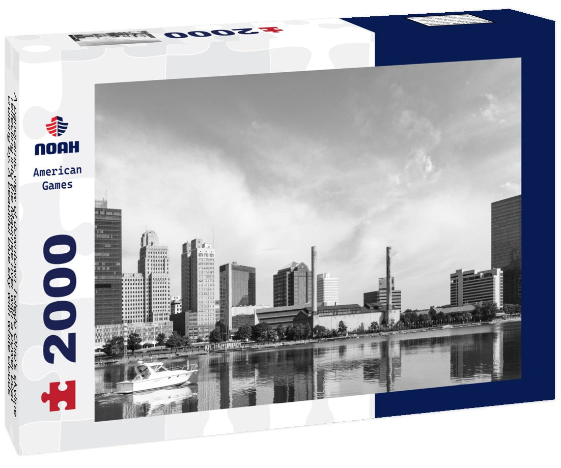Noah Jigsaw Puzzle A panoramic view of downtown Toledo Ohio's skyline reflecting into the Maumee river with a power boat cruising by. A beautiful blue sky with white clouds for a backdrop in black white 2000 pieces