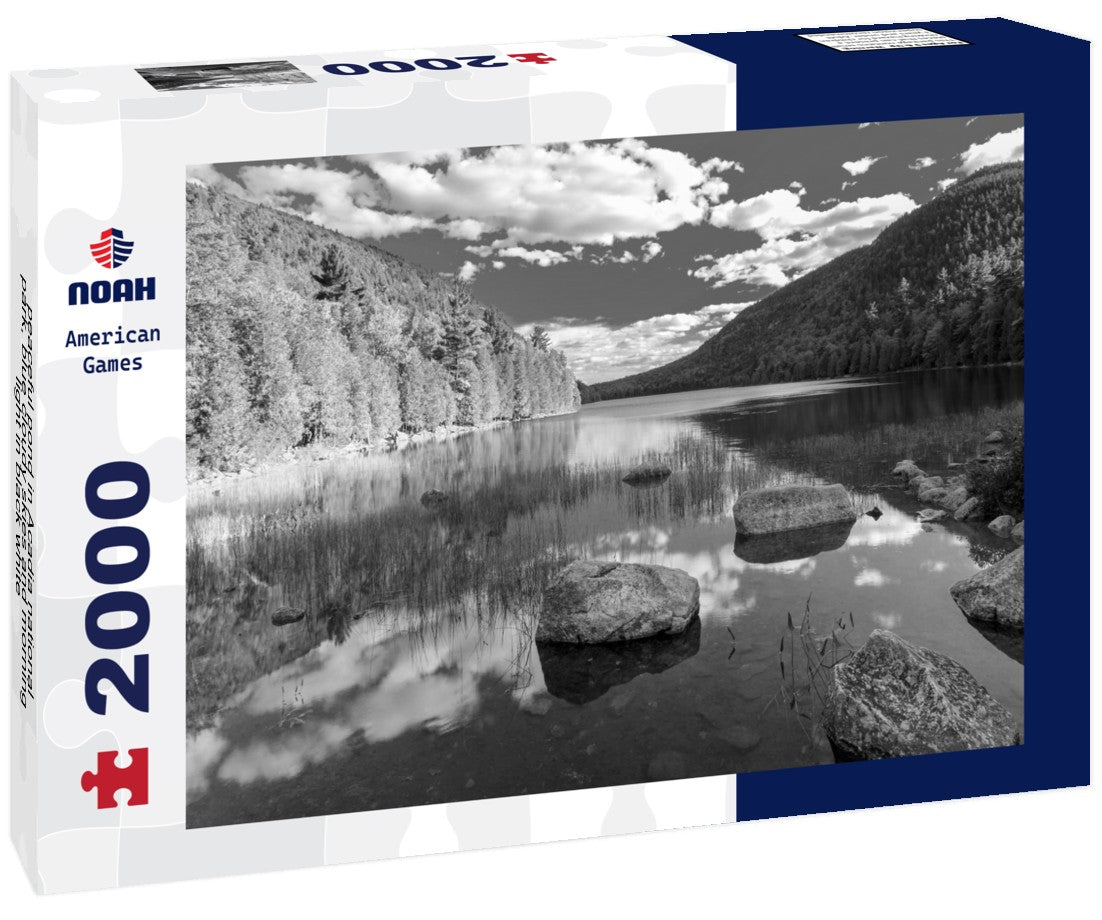 Noah Jigsaw Puzzle peaceful pond in Acadia national park, blue cloudy skies and morning light in black white 2000 pieces
