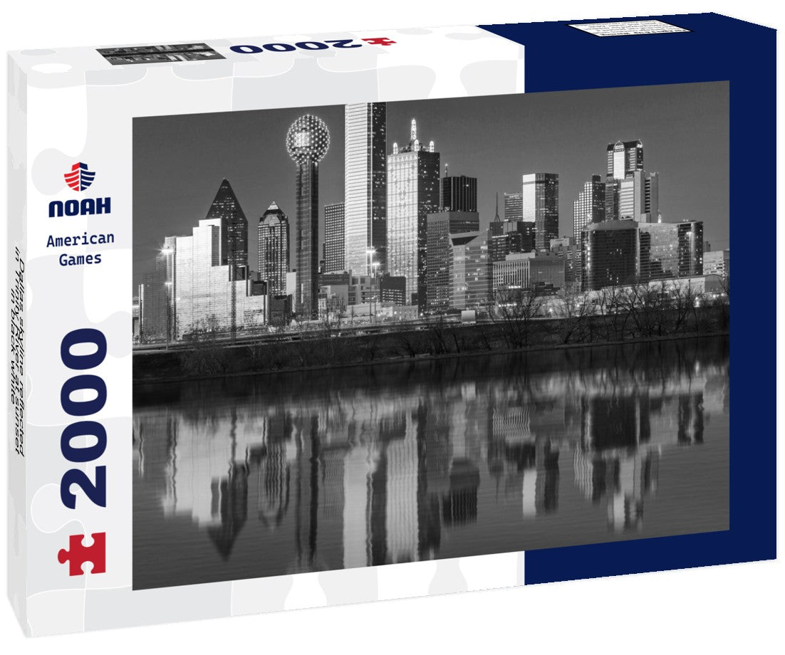 Noah Jigsaw Puzzle Dallas skyline reflected in Trinity River at sunset in black white 2000 pieces