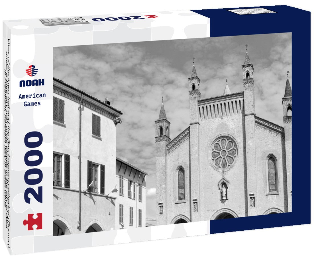 Noah Jigsaw Puzzle View of the town hall and the San Lorenzo cathedral (Duomo) under a blue sky with white clouds in the city of Alba in Piedmont, northern Italy in black white 2000 pieces