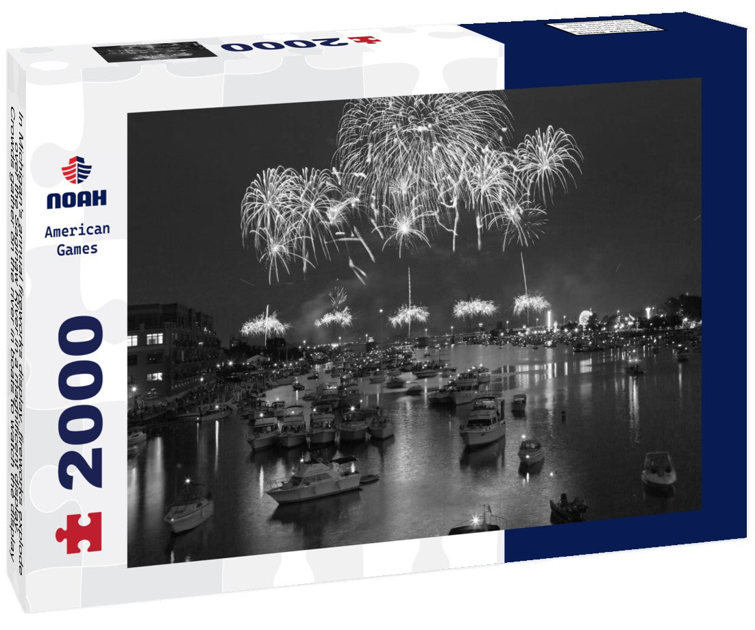 Noah Jigsaw Puzzle In Michigan's annual fireworks display, fireworks explode over the Saginaw River in a magnificent display. Crowds gather on the river in boats to watch the display and celebrate Independence Day. in black white 2000 pieces