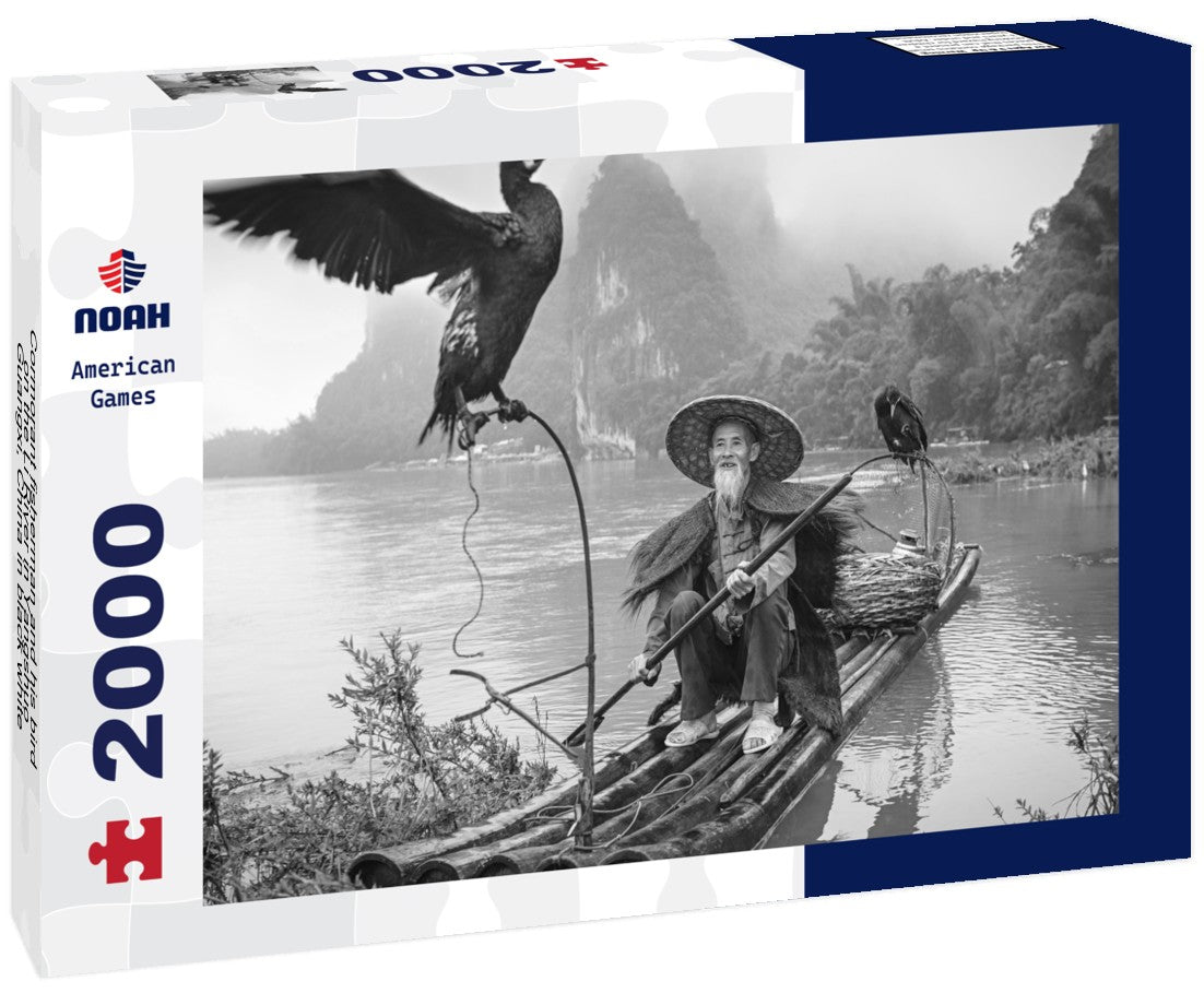 Noah Jigsaw Puzzle Cormorant fisherman and his bird on the Li River in Yangshuo, Guangxi, China in black white 2000 pieces