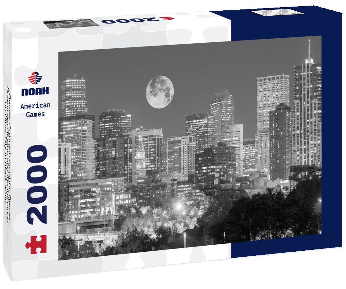 Noah Jigsaw Puzzle Denver Colorado by night. Denver Downtown Skyline and the full moon on Clear Sky in black white 2000 pieces