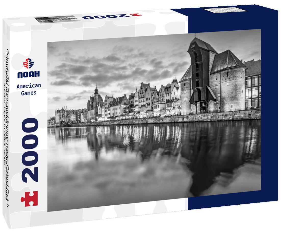 Noah Jigsaw Puzzle Gdansk Old Town and famous crane, Poland Zurich. View from the Motlawa river, Poland at romantic sunset, night in black white 2000 pieces
