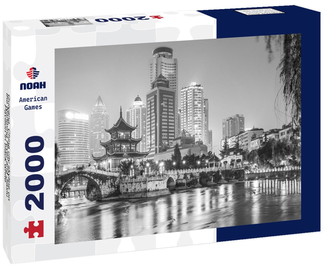 Noah Jigsaw Puzzle Guiyang, China city skyline on the Nanming River and Jiaxiu Pavilion in black white 2000 pieces