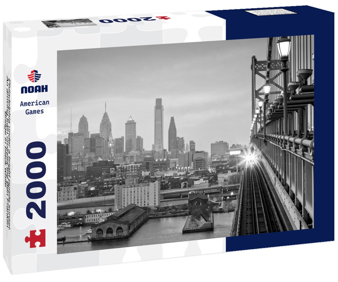 Noah Jigsaw Puzzle Philadelphia under a bright purple sunset. An arriving train crosses the Ben Franklin Bridge in black white 2000 pieces